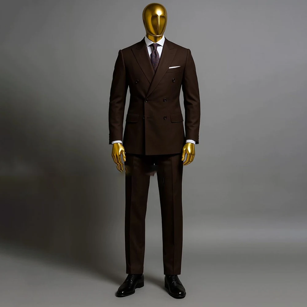 

Customized Men's Suits Double Breasted Brown Blazer Formal Regular Length 2 Piece Jacket Pants Full Sets Business Clothing