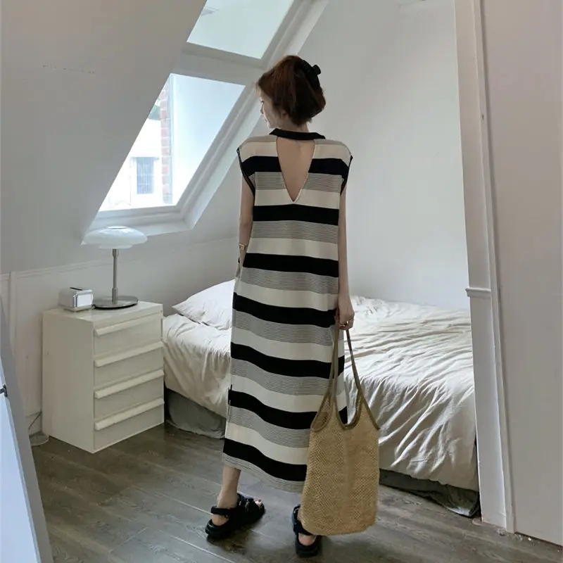 Robe longue à rayures et col rabattu pour femme, tenue décontractée avec boutons, t-shirt amissié, vêtements patchwork coréen, été