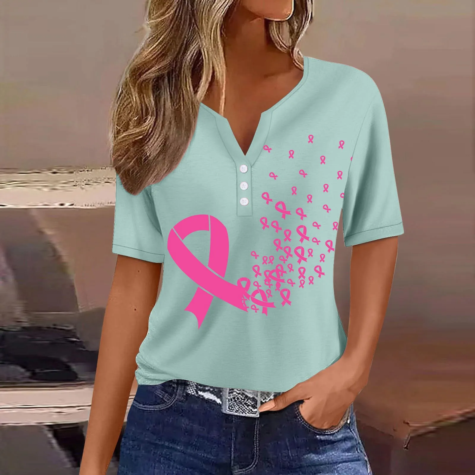 Women's October Pink T-Shirt Breast Cancer Awareness Graphic T Shirts Solid Color Round Neck Short Sleeve Female Tees Cancer