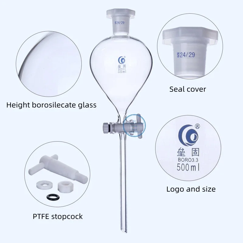 1PCS 60ml To 1000ml Clean Lab Glass Ball-shaped Separating Funnel with Glass/PTFE Piston