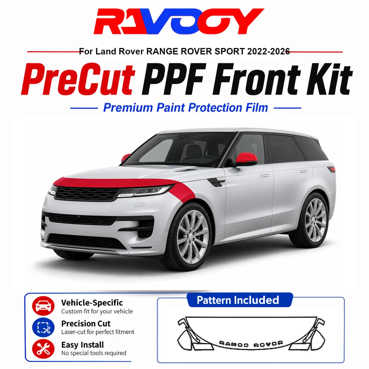 

8.5mil TPU Precut PPF Kit For Land Rover RANGE ROVER SPORT 2022-2026 - Hood, Fenders & Mirror Set - Self-Healing Clear Bra Film