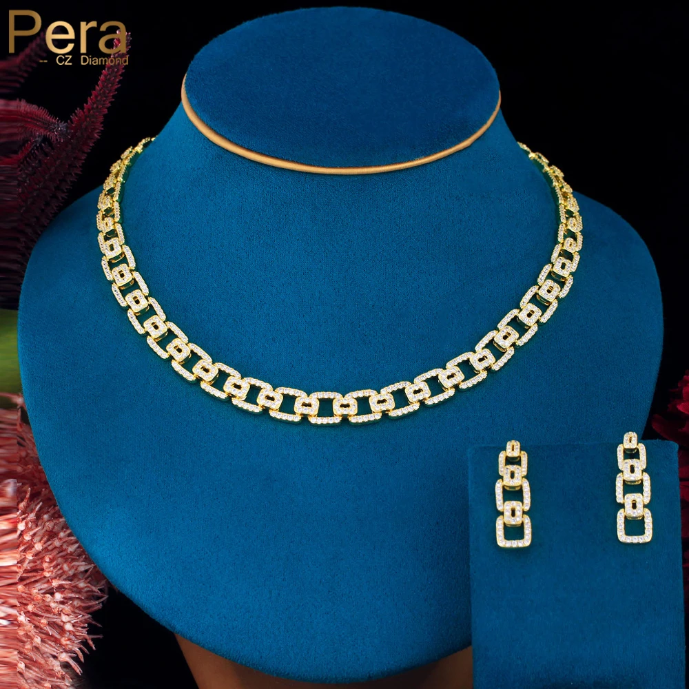 

Pera Classic Hollow Square Link Chain Cubic Zircon Gold Color Choker Necklace Earring Sets for Women Banquet Party Jewelry J409