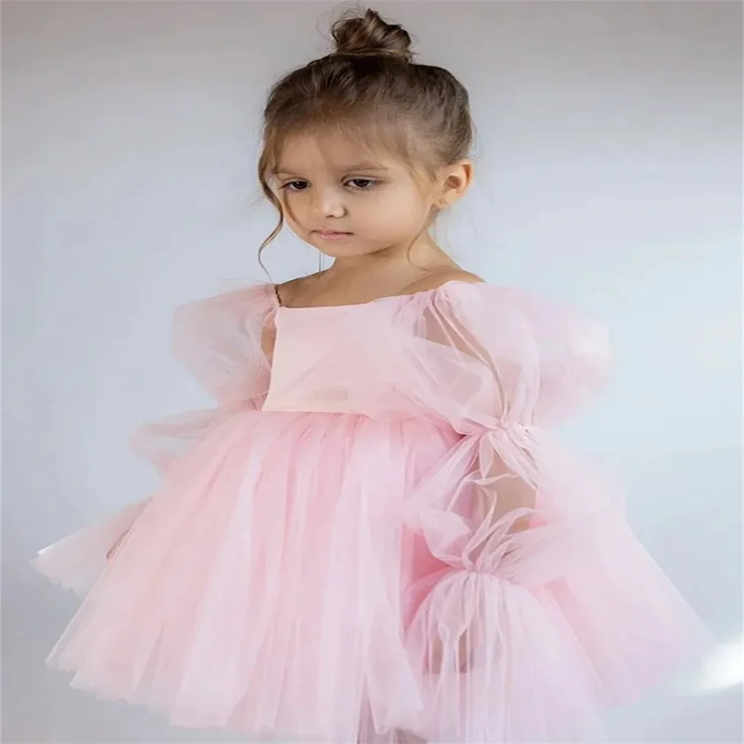 Pink Tulle Flower Girl Dress For Wedding Puffy Knee Length Long Sleeves Kids Party Ball Gown Christmas Pageant