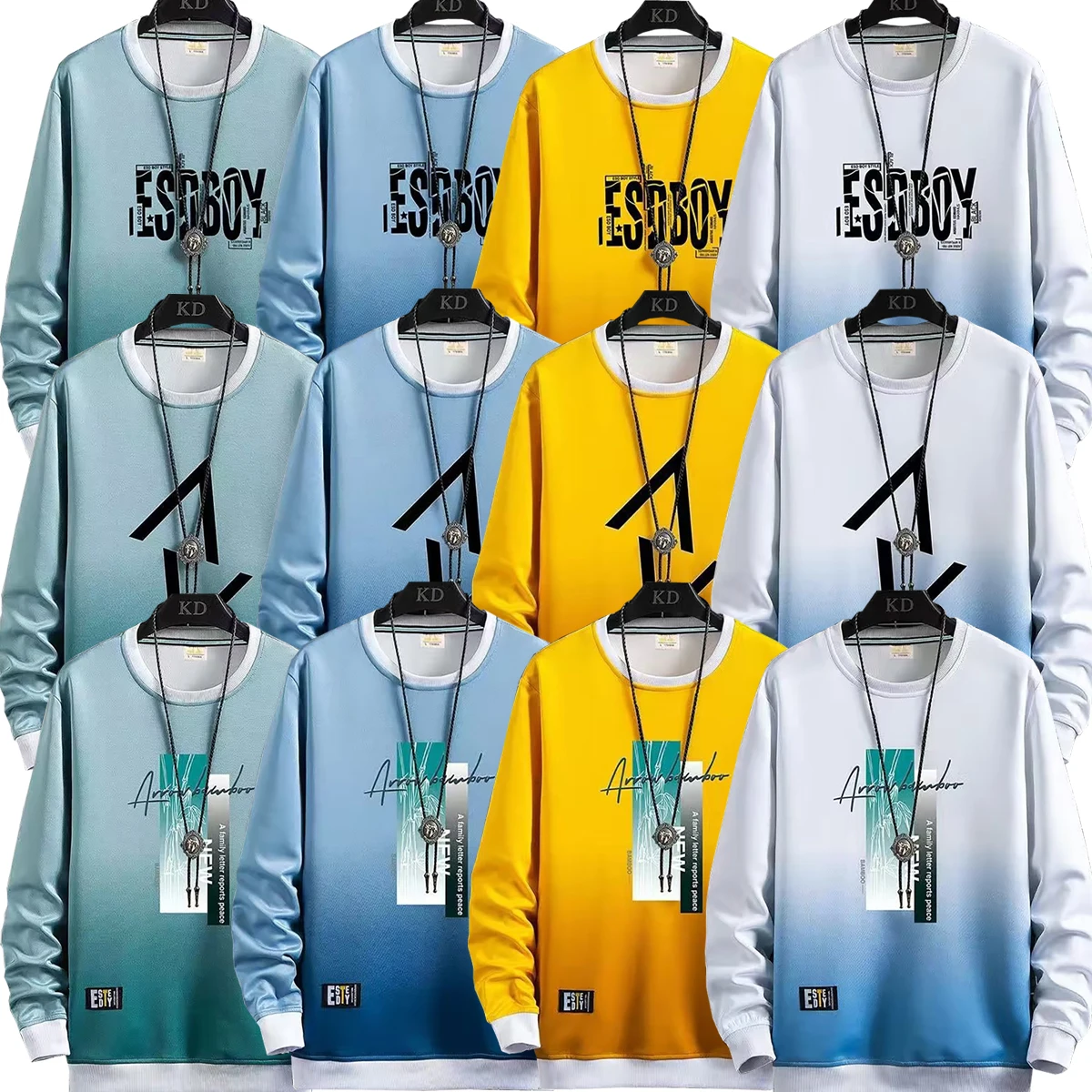 

Men's Long Sleeved Round Neck Letter Printed Gradient Color Top Spring Autumn Youth Thin T-shirt Couple Outfit