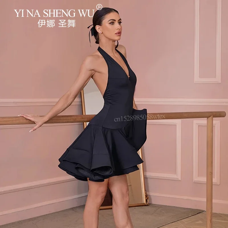 Black Latin Dance Dress Women's Sexy Sleeveless Hanging Neck Dress Professional Latin Dance Match Burgundy Dress