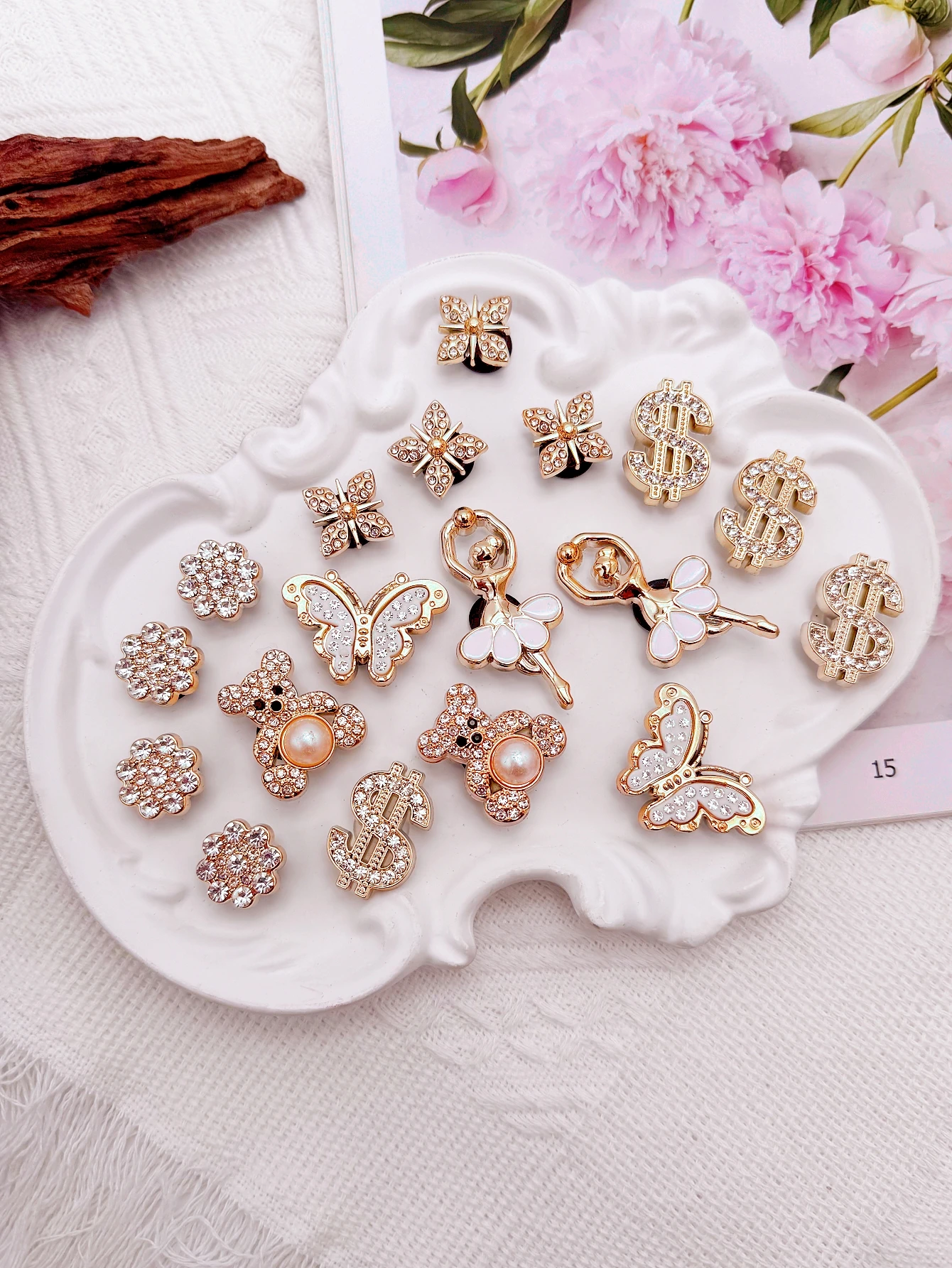 

18-летний золотой (медведь, танцевальная девушка, доллар США, белая бабочка с бриллиантами, полный бриллиантовый цветок), пряжка для обуви, украшения своими руками, мульти-f