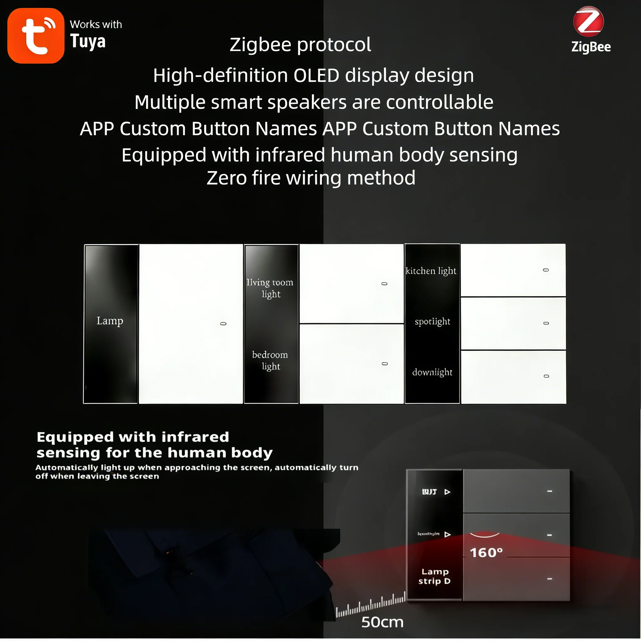 

Tuya Zigbee Smart 6 Gang Switch With Infrared Human Body Sensing High-Definition Oled Display Screen Customizable Button Text