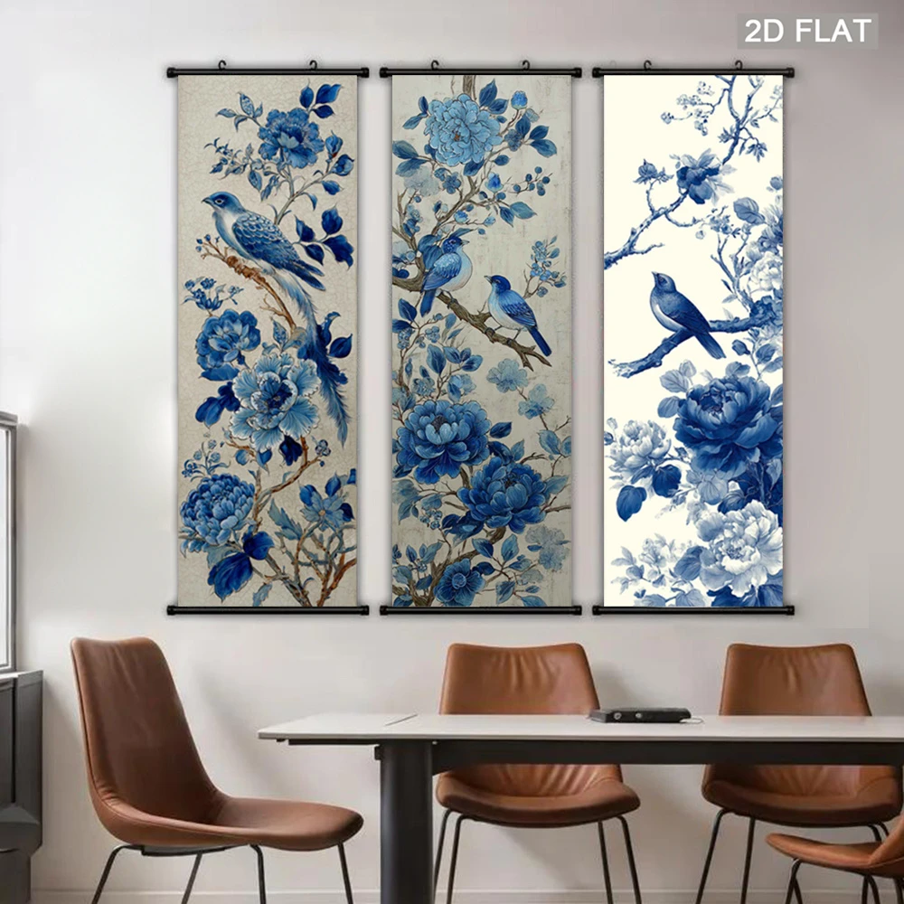 Oriental Flower Bird Tapestry, Blue Peony Wall Scroll, Fabric Art Poster, Traditional Chinese Style Bedroom Wall Hanging Decor