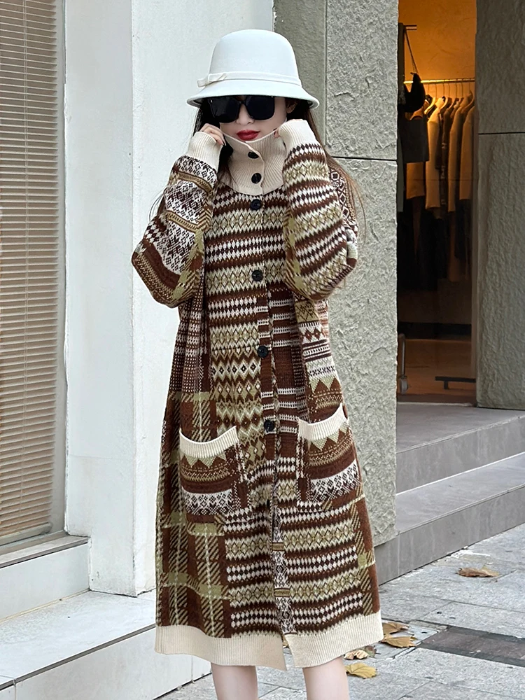 

Autumn Winter Women Sweater 100% Merino Wool Turtleneck Knitwear Color Jacquard Weave Long Cardigan Full Sleeve Soft Outerwears