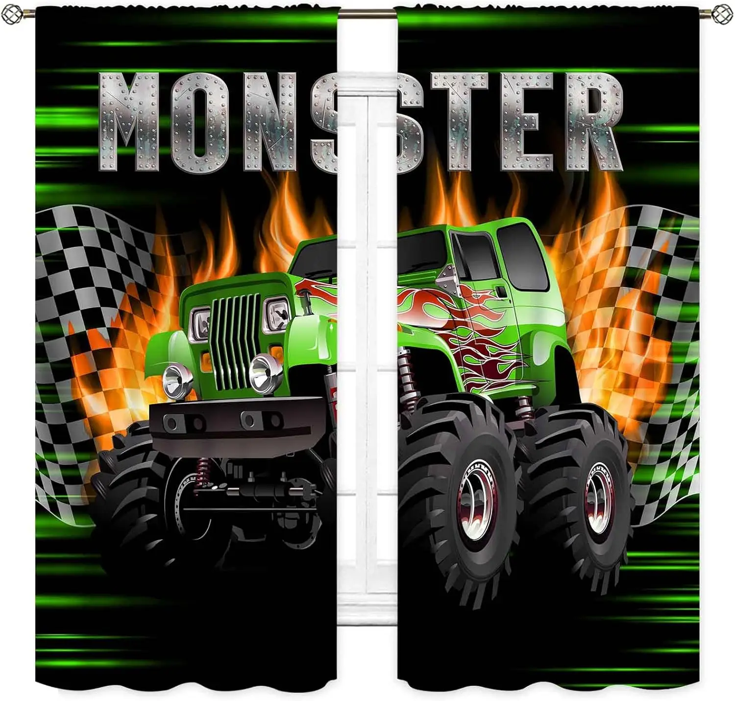Truck Curtains for Boys Room, Burning Flame Tractor Truck Car Cool Monster Checkered Racing Flag Window Drapery Treatments for