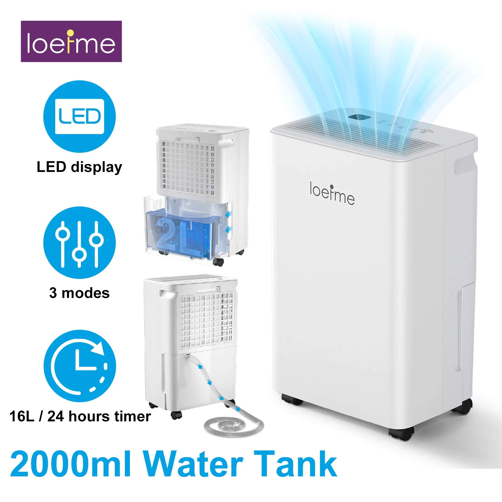LOEFME-deshumidificador eléctrico de 16L/24H, tanque de 2,0L, hogar, sótano, dormitorio, descongelación automática, temporizador de 24H con ruedas, tubos, vida inteligente
