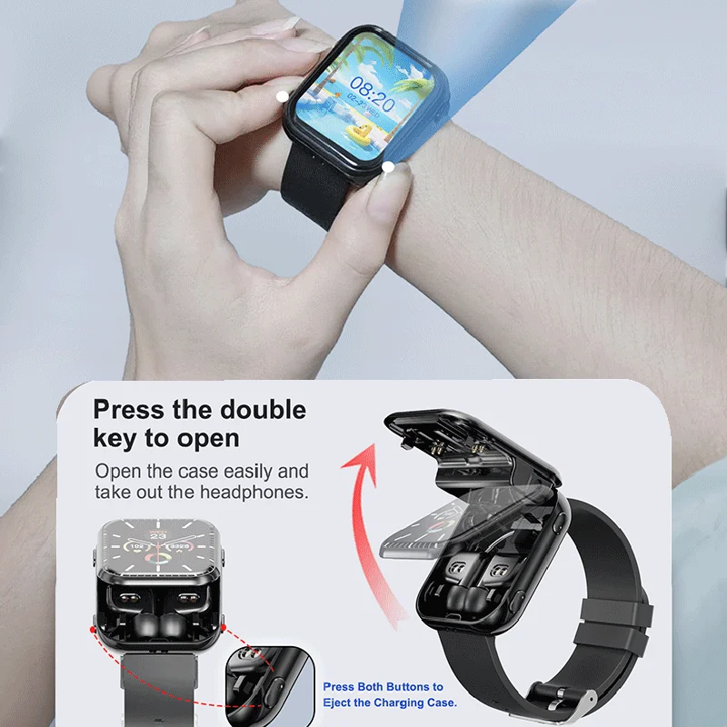 ساعة ذكية للموسيقى الرياضية 2 في 1 مزودة بسماعات TWS عالية الدقة ومكالمات بلوتوث ومراقبة معدل ضربات القلب والصحة وساعة ذكية مقاومة للماء