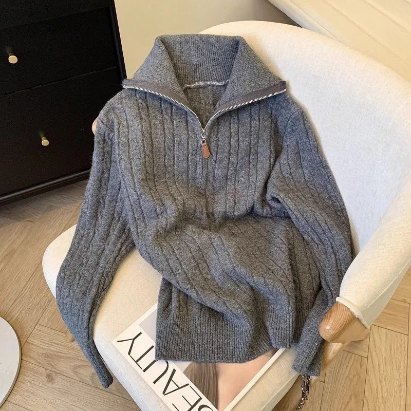 Otoño señoras suéter de manga larga chaqueta coreana mujer jersey de punto Jumper 2025 mujeres moda media cremallera Tops de punto