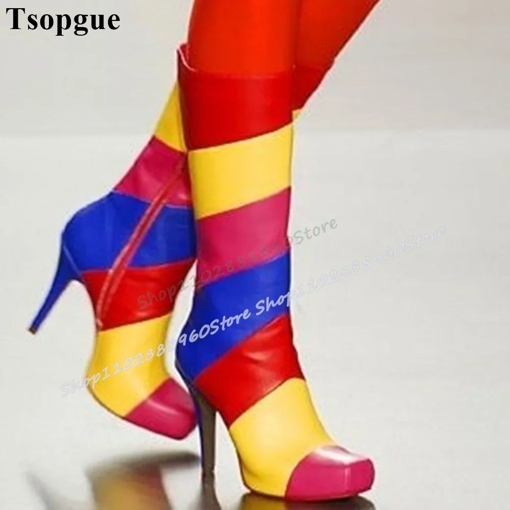 

Mid Calf Mixed Color Splicing Platform Boots Spike High Heel Shoes For Women Side Zipper Square Toe Party Runway Casual Boots