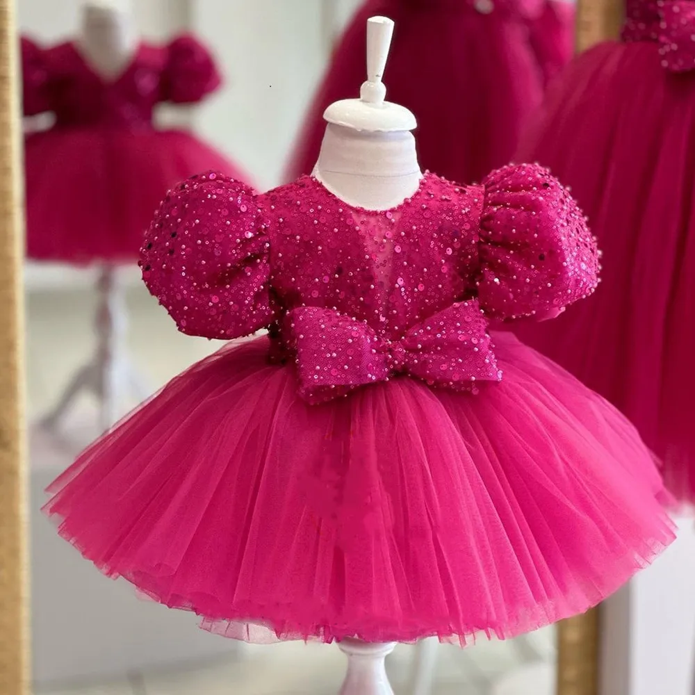 Vestido de fiesta de boda con lazo de tul para niños, vestido de fiesta de cumpleaños, vestido de tutú hinchado, Rosa corto brillante