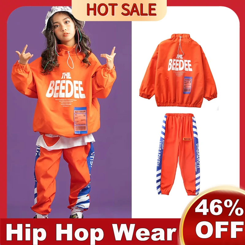 

Children Hip Hop Dance Costumes For Kids Orange Jacket Hiphop Suit Girls Jazz Street Dance Wear Outfits Rave Clothes DQS6668