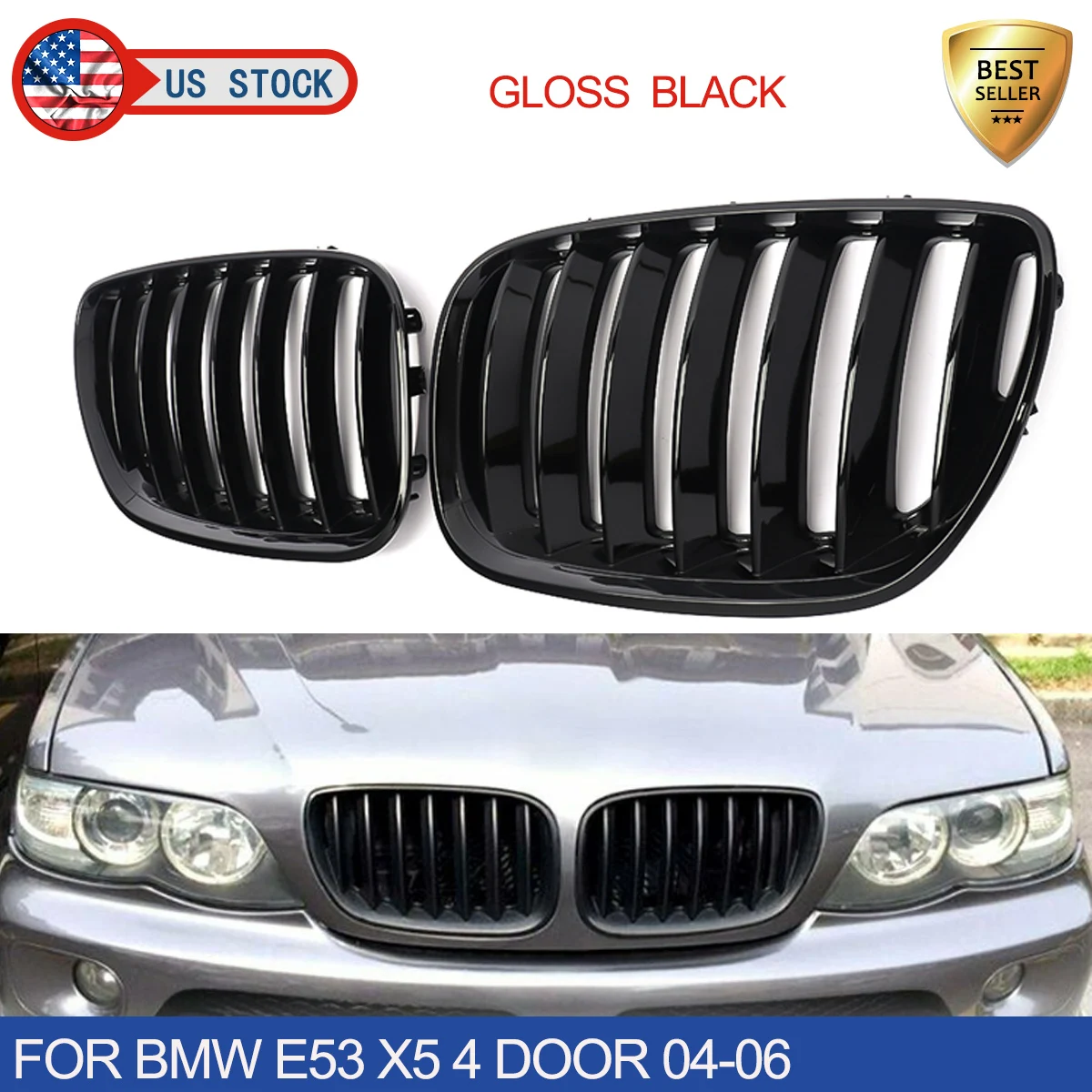 MagicKit Left & Right Sport Style For BMW E53 X5 SUV 2004 2005 2006 Facelift Gloss Black Front Kidney Grille Grills Car Bodykit