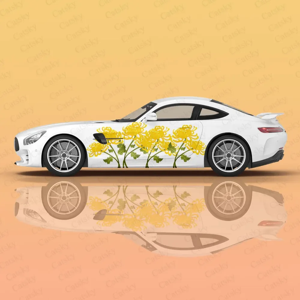 Yellow Chrysanthemum Racing Car Graphic Decal Full Body Vinyl Wrap Modern Design Vector Image Wrap Sticker Decorative Car Decal