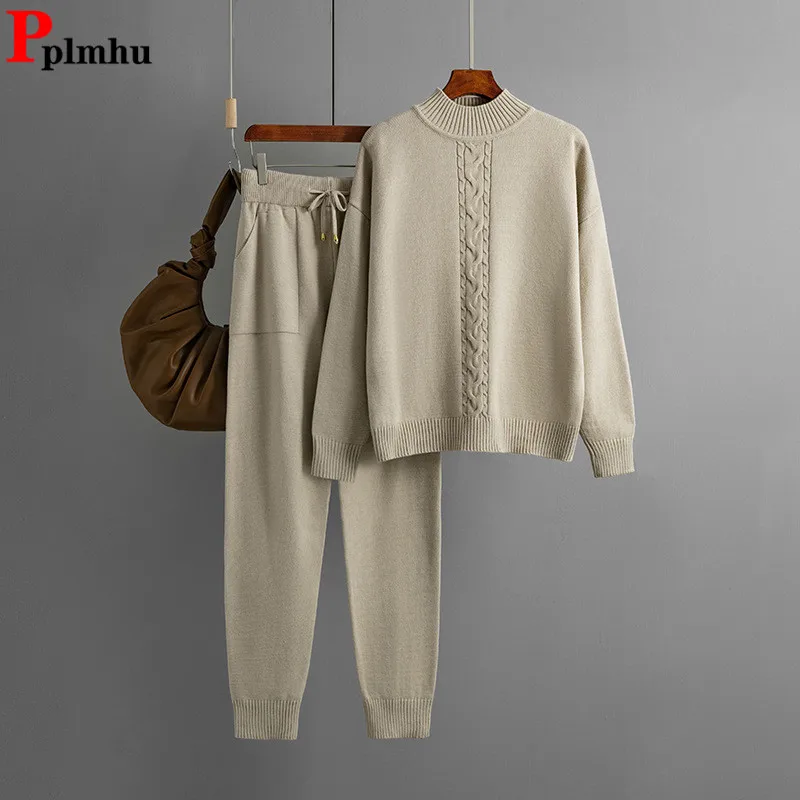 

Fall Winter Solid Knit 2 Piece Sets Women Half Turtleneck Long Sleeve Knit Sweater Tops Conjuntos High Waist Harem Pants Outfit