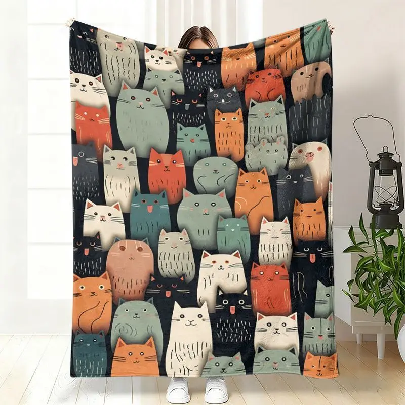 VIKAMA Cartoon Cat Flannel Throw Blanket Print Soft Warm Sofa Bedroom Dorm Nap Air Conditioner Camping Travel Home Decor Gift