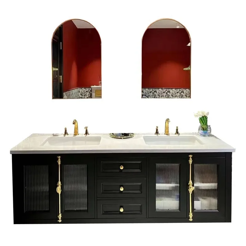 

Bathroom Double Basin Wash Table French Slate Oak Double Bathroom Cabinet Combination Solid Wood Wash Table Light Face