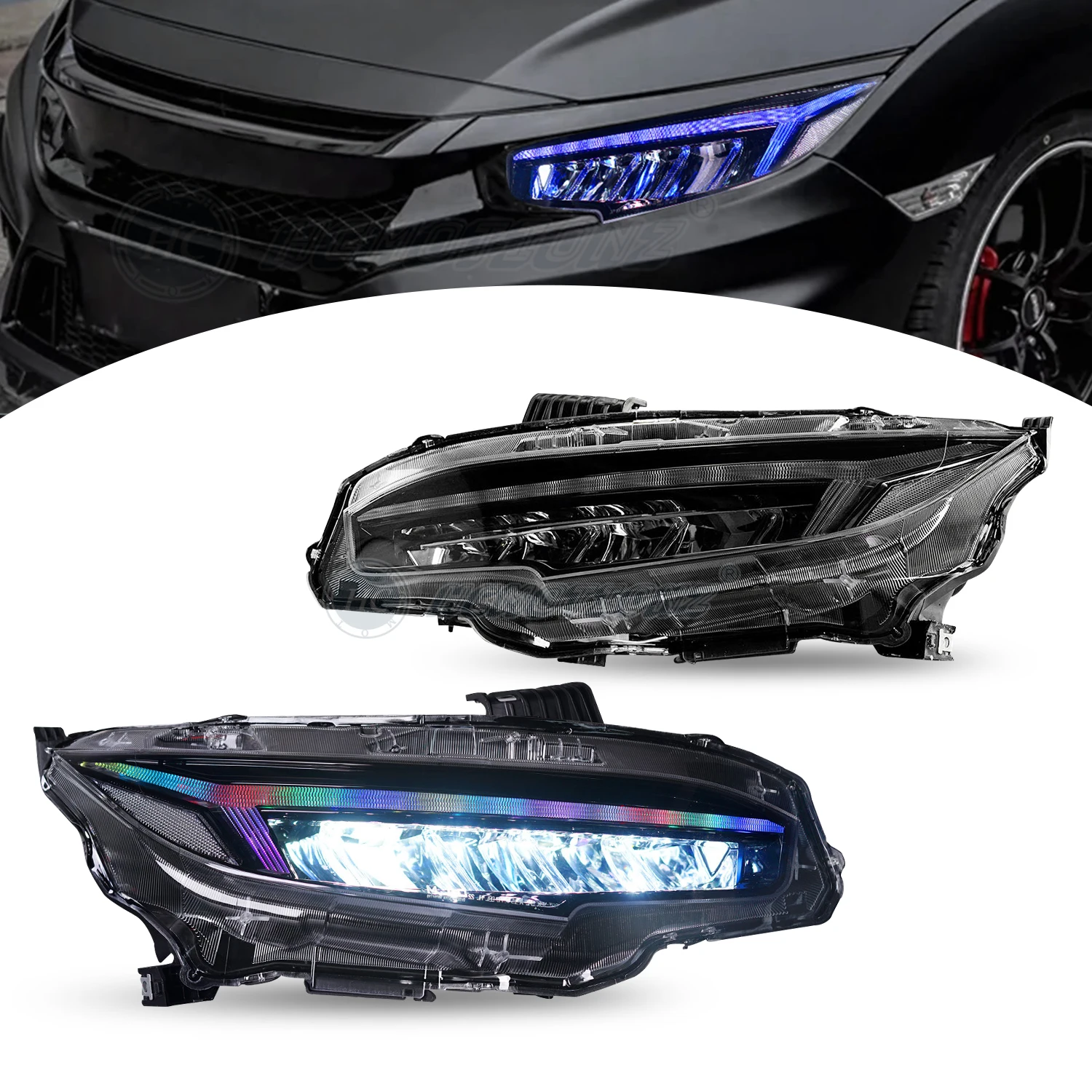 

Фары HCMOTIONZ Factory RGB LED для Honda Civic 2016-2021 с дневными ходовыми огнями (DRL), анимацией запуска и светом 6000K
