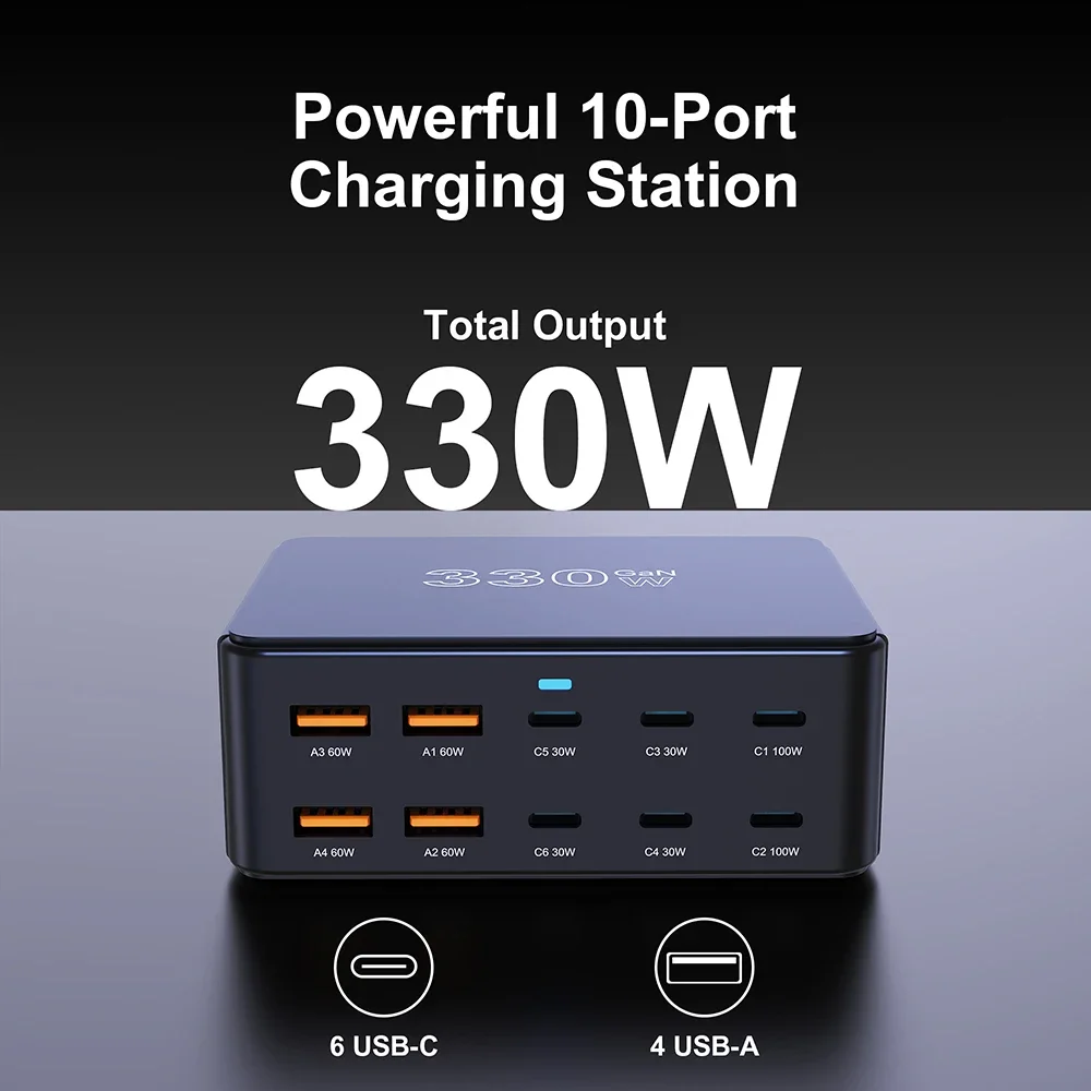 

Зарядное устройство GaN мощностью 330 Вт USB C Быстрое настольное 10-портовое зарядное устройство USB Type C PD 100 Вт Fast Charge 3.0 USB C Быстрое зарядное устройство для iPhone 16 Samsung