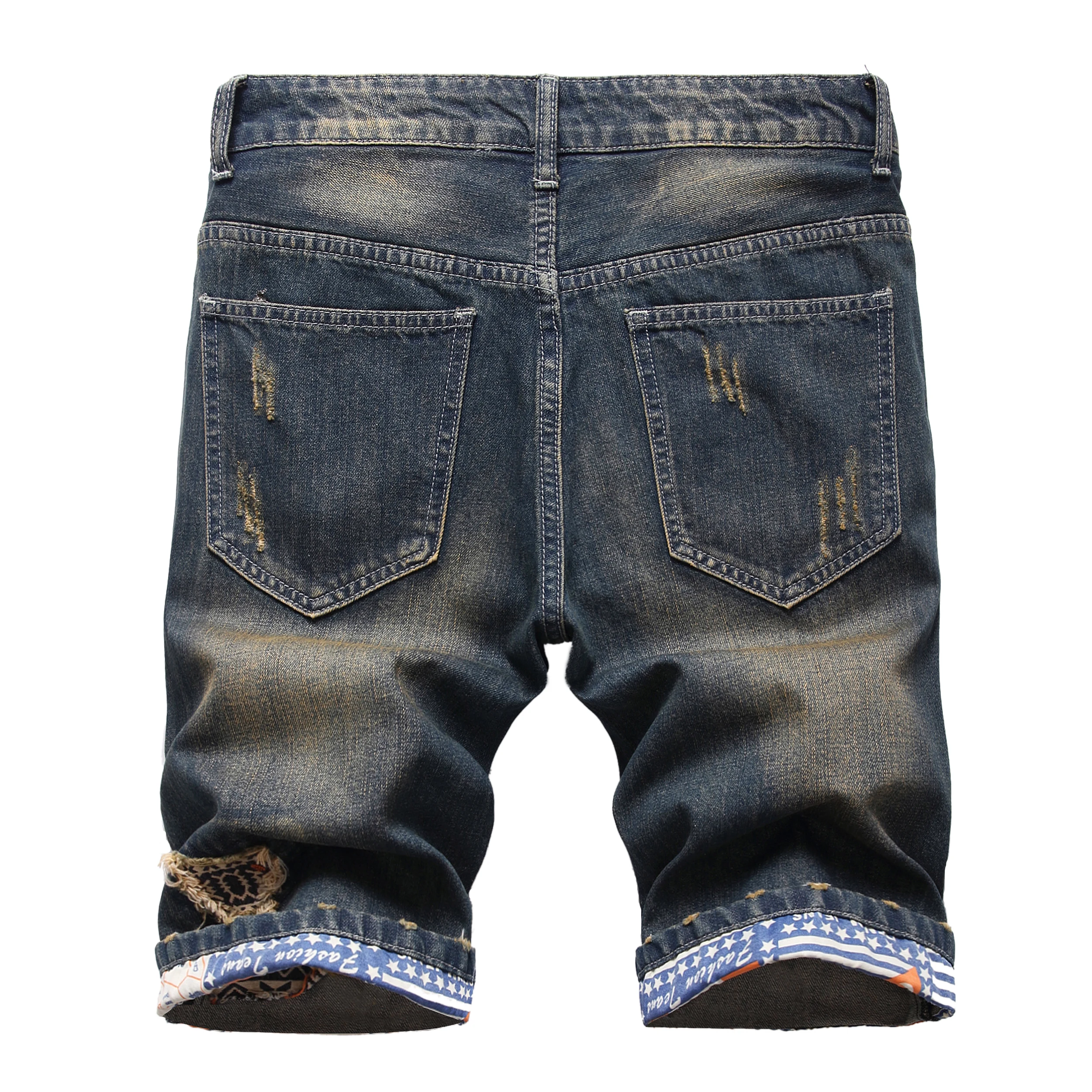 Hip Hop Ripped Men\'s Fashion Denim Shorts Blue New Style Stretch Straight Personalized Retro Nostalgic Trendy Pants Jeans Shorts