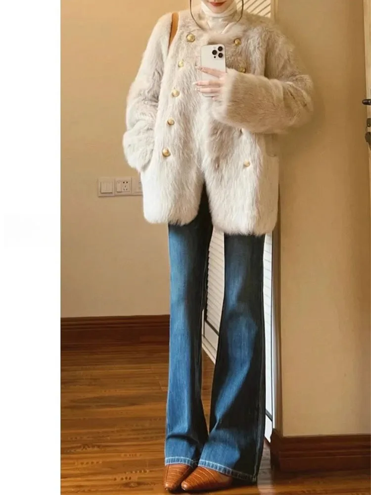 الرجعية عالية الخصر بسط التخسيس حجم كبير المرأة جرس بوت الجينز عادية Sle مريحة الدينيم السراويل ربيع 2025