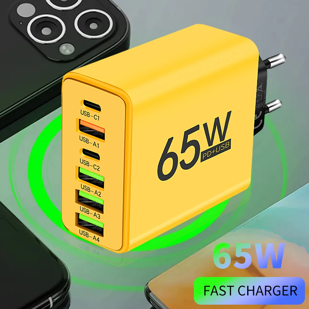 65W USB Charger 6 Ports Type C Fast Charging QC3.0 For iPhone Samsung Xiaomi EU/US Plug Quick Charge Wall Chargers Adapter