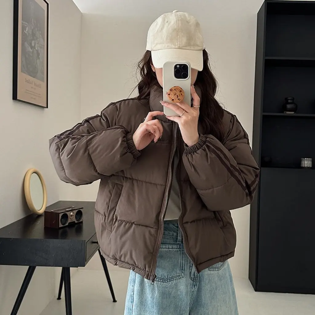 

Women's Cotton-Padded Jacket 3-Bar Short down Style Winter American Ken Bean Bread Suit Brown Hooded Outerwear