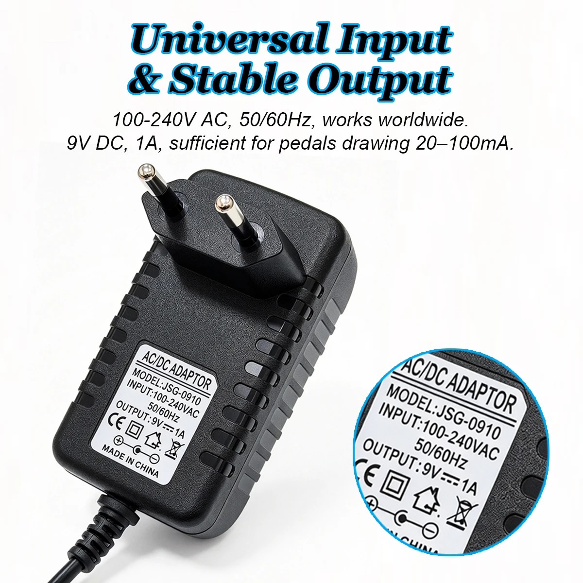 Miwayer Universal 9V DC 1A Adapter - US/UK/AU/EU Plug, Center Negative, Pure Copper, 6-Protection, for Guitar Pedals & More