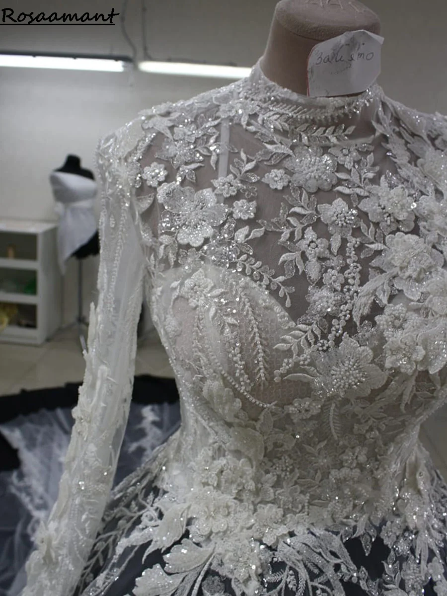 

Luxury Beading Wedding Dresses A Line Long Sleeve Bride Dress High Neck Ball Gown Princess Wedding Gowns