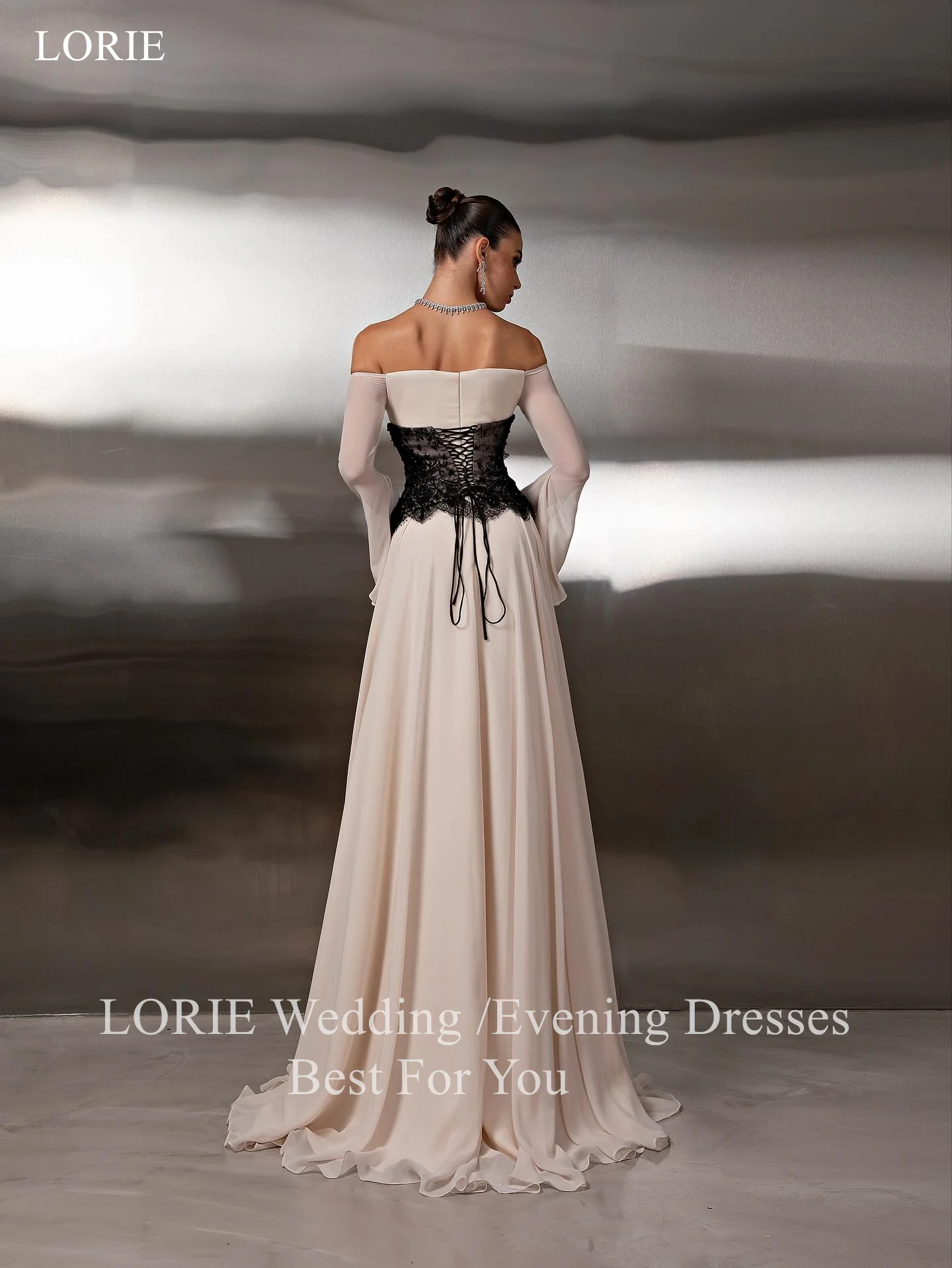 

LORIE Elegant A-Line Evening Dress Black Lace Full Sleeves Party Gown Draped Tulle Formal Long-Length Prom Gowns Customized