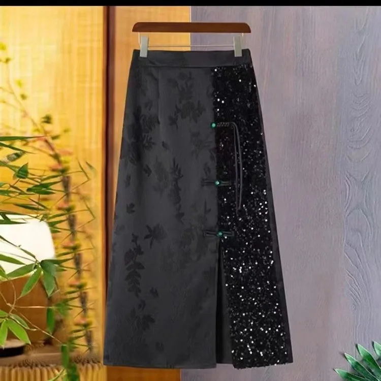 2024 Spring New Chinese Glitter Splicing Silk Medium length Half length Skirt, High Waist Straight Tube  Hip Wrapping Skirt