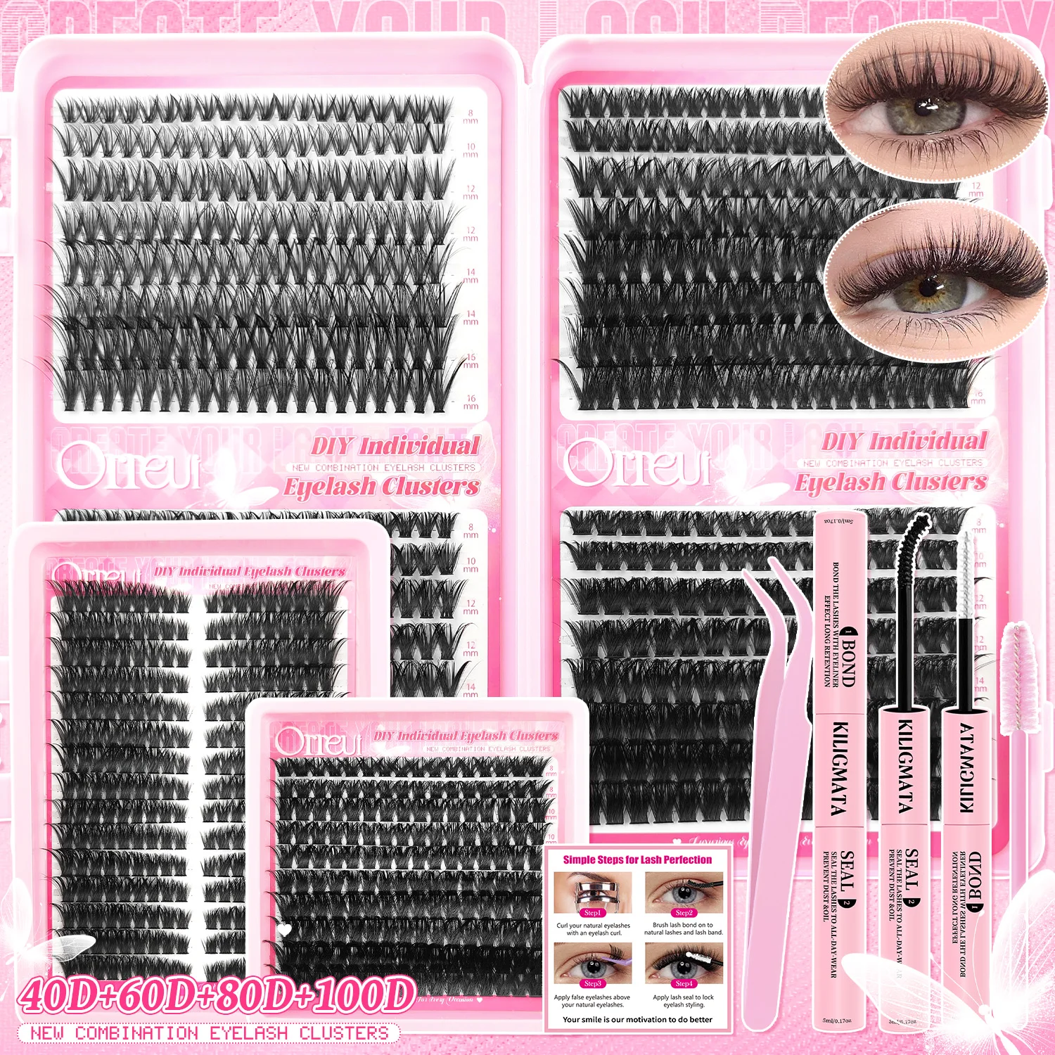 40D/60D/80D/100D D-Curl Wimpern-Cluster-Set, Einzelne Wimpernverlängerungen mit Wimpernkleber und Versiegelung für einen Natürlichen, Flauschigen Look