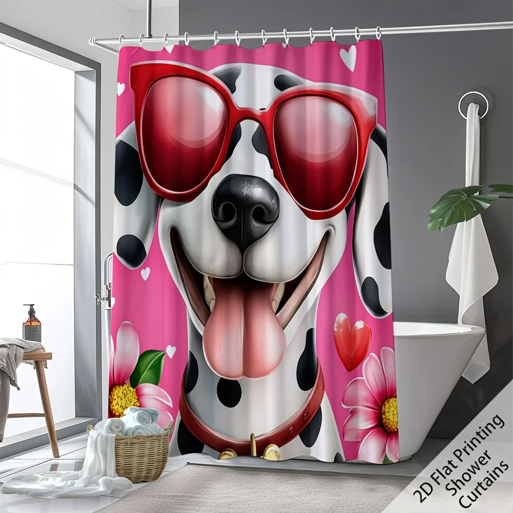 

Cool Dalmatian Dog Shower Curtain, Spotted Puppy with Red Sunglasses, Pink Floral & Heart Pattern, Waterproof Bathroom Decor