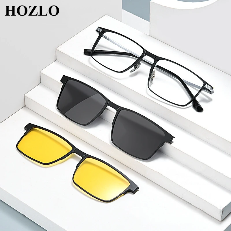 Men Aluminum Magnesium Magnet Clips Polarized Myopia Sunglasses Rectangle Retro Business Nearsighted Dark Glasses Customize Lens