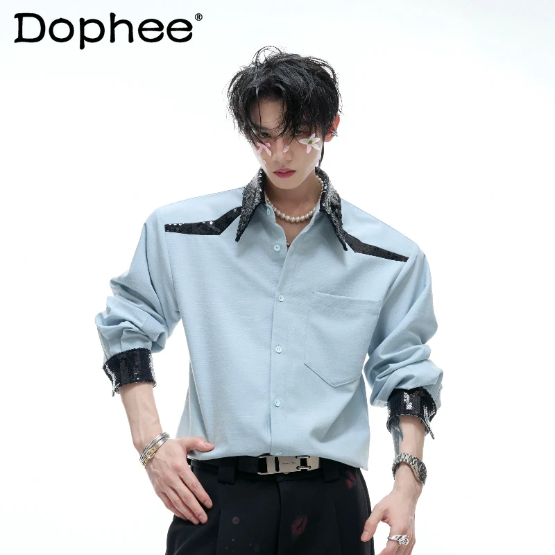 

Men's 2025 Autumn New Fashion Sequin Contrast Color Lapel Long Sleeve Shirts Shoulder Pads Chic Tops Male Handsome Unique Shirts