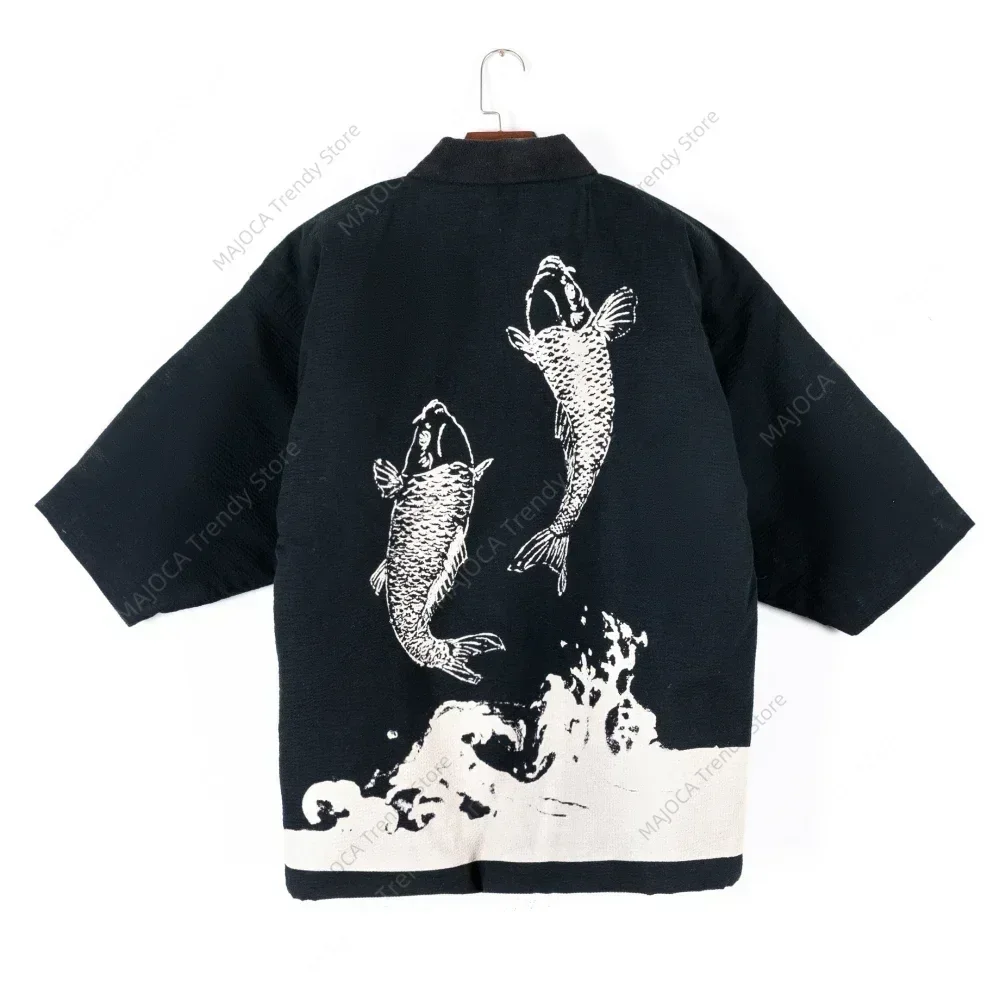 

Hanten Coat Men Jackets Japan Style Koi Print Kimono Quilted Keep Warm Loose Pajamas Cardigan Samurai Asian Clothes Yukata Haori