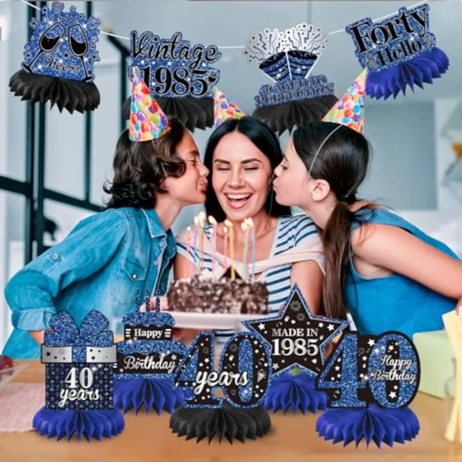 9개 블루 블랙 40번째 생일 장식 빈티지 40번째 생일 허니콤 센터피스 블루 블랙 해피 40번째 생일 테이블 장식