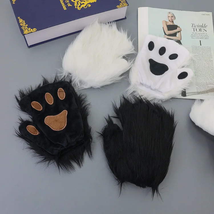 3pcs/set Long Haired Mask Wolf Paw Gloves Faux Fur Cat Mask Tail Cosplay Suit Halloween Party Costume Accessories