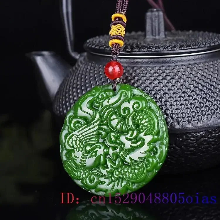 

Jade Dragon Phoenix Pendant Fashion Women Natural Charm Jadeite Jewelry Gifts Chinese Men Carved Green Necklace Amulet