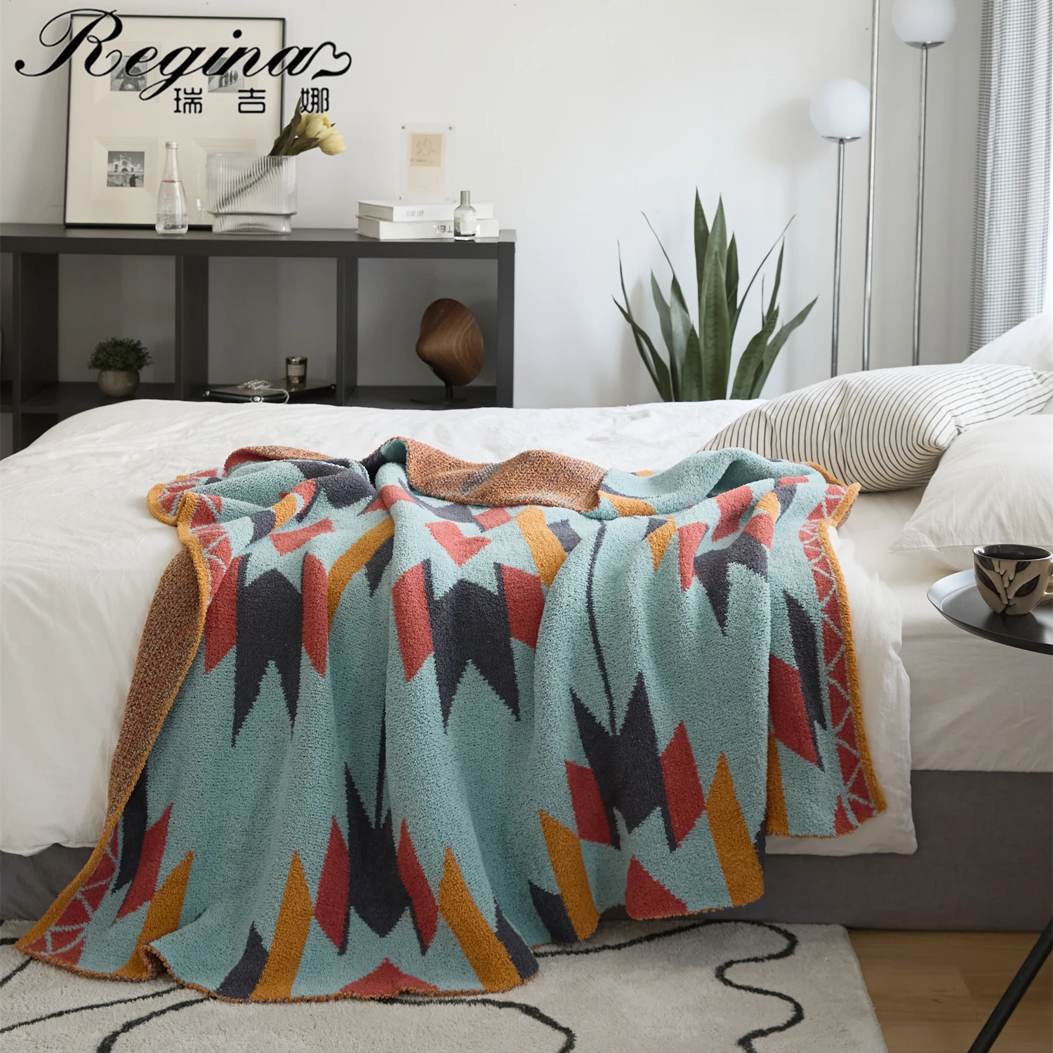 REGINA Geometric Ethnic Style Knitted Blanket Super Soft Microfiber Fur Furry Fairy Boho Triba Home Decor Bed Sofa Throw Blanket