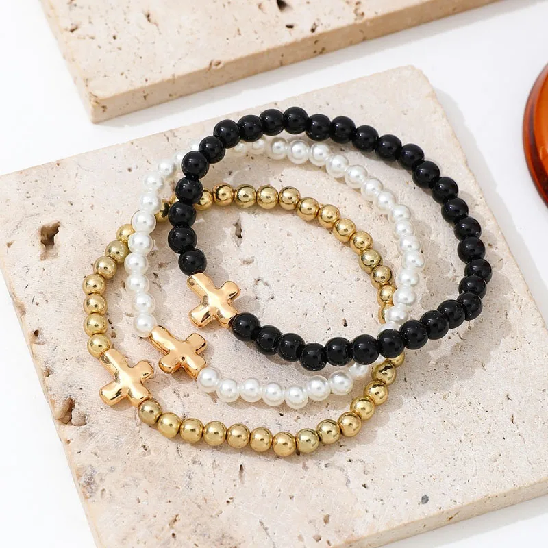 3Pcs Stackable Round Beaded Bracelets Set for Women Gold Cross Charm Lightweight Elastic Stretch Waterproof Hand Chains Jewelry