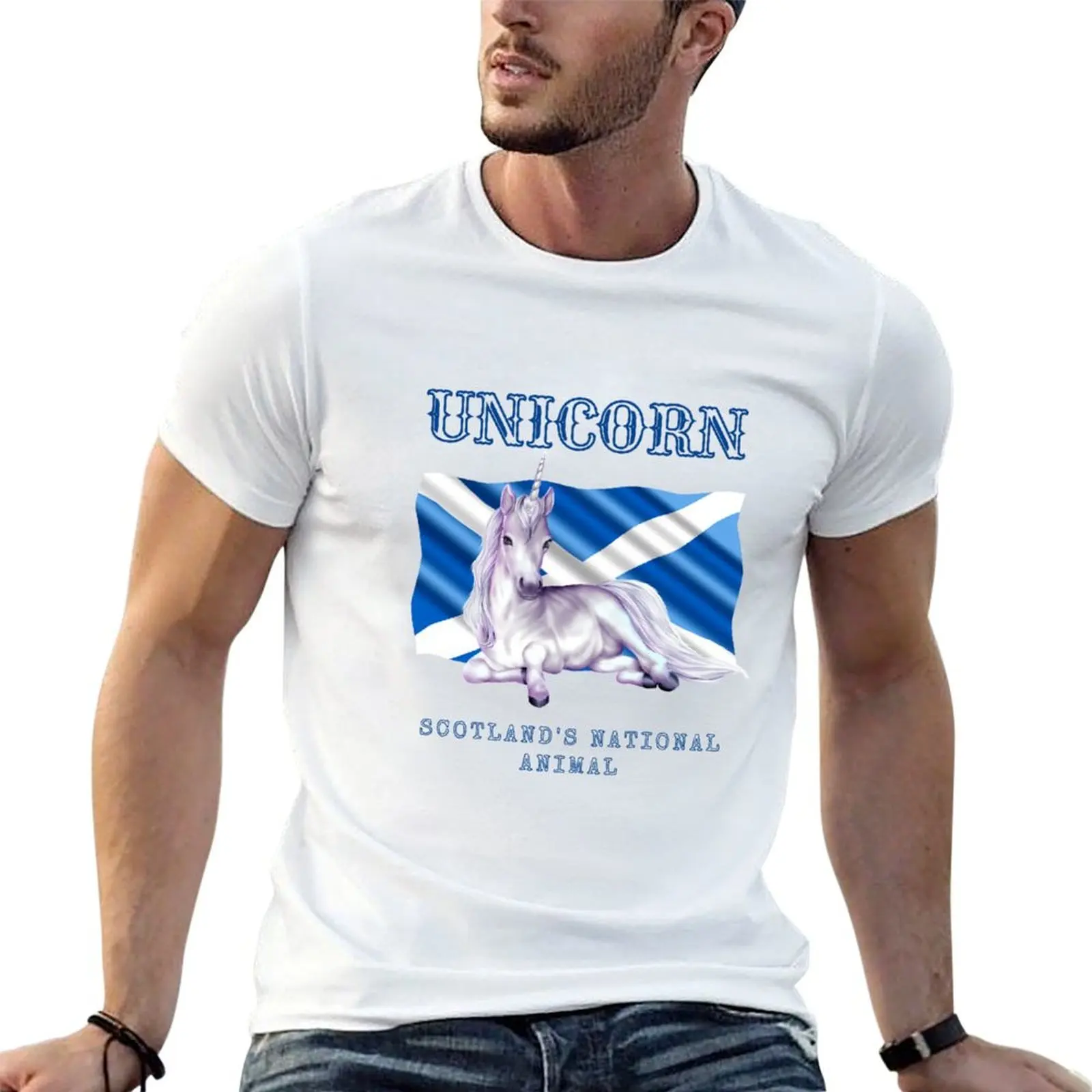 Unicorn Scotlands National Animal w/ Scottish Flag T-Shirt oversized graphic tee plus size clothes Men's cotton t-shirt
