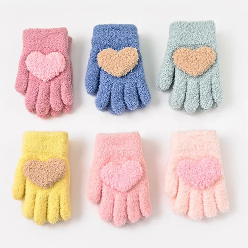 2Pairs Gift Cute Children's Warm Gloves Soft Heart Shaped Five Finger Gloves Windproof Breathable Winter Solid Plush Gloves