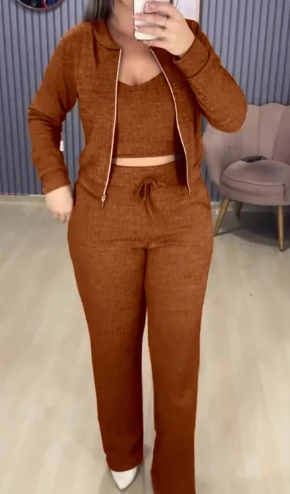 

3 Piece Set Women Outfit 2025 Spring Turn-Down Collar Zipper Cardigan Spaghetti Strap Crop Tank & Casual Pocket Pants Set