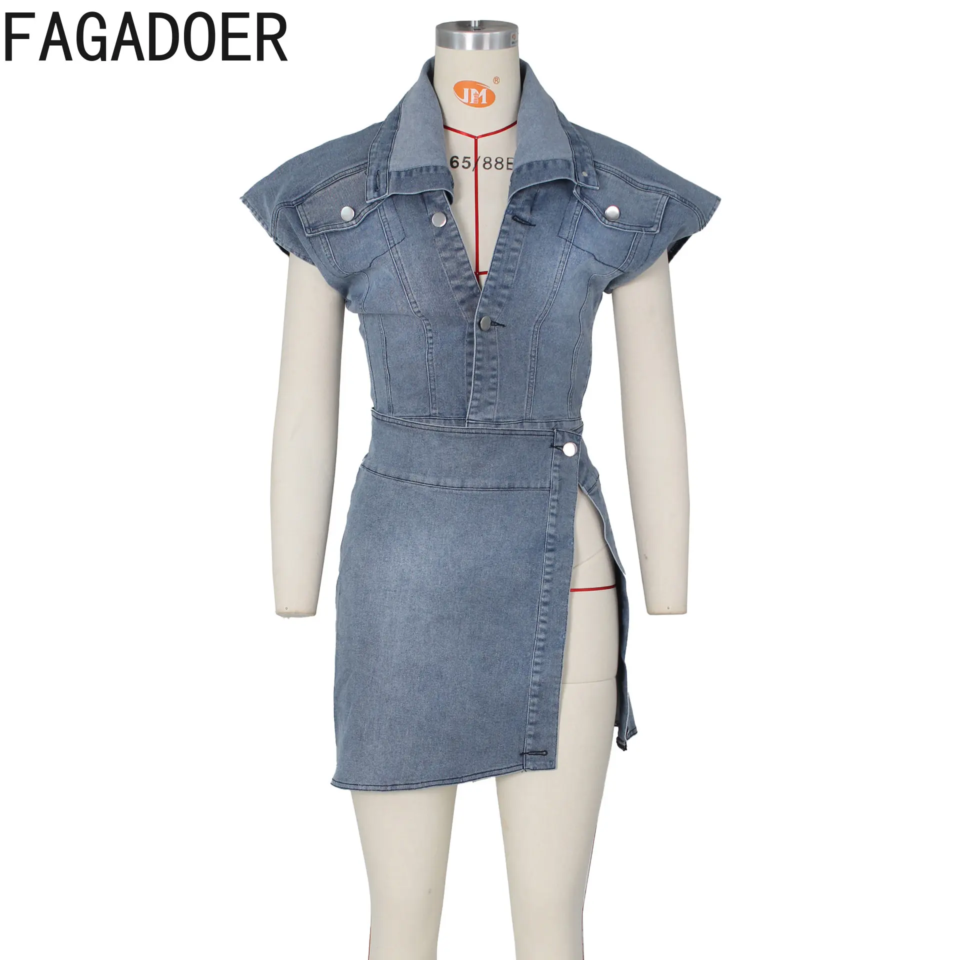 Imagem -06 - Fanadoer de Duas Peças para Mulheres Conjunto Curto Top com v Pescoço e Mini-saia sem Mangas com Fenda Lateral Azul Denim Moda