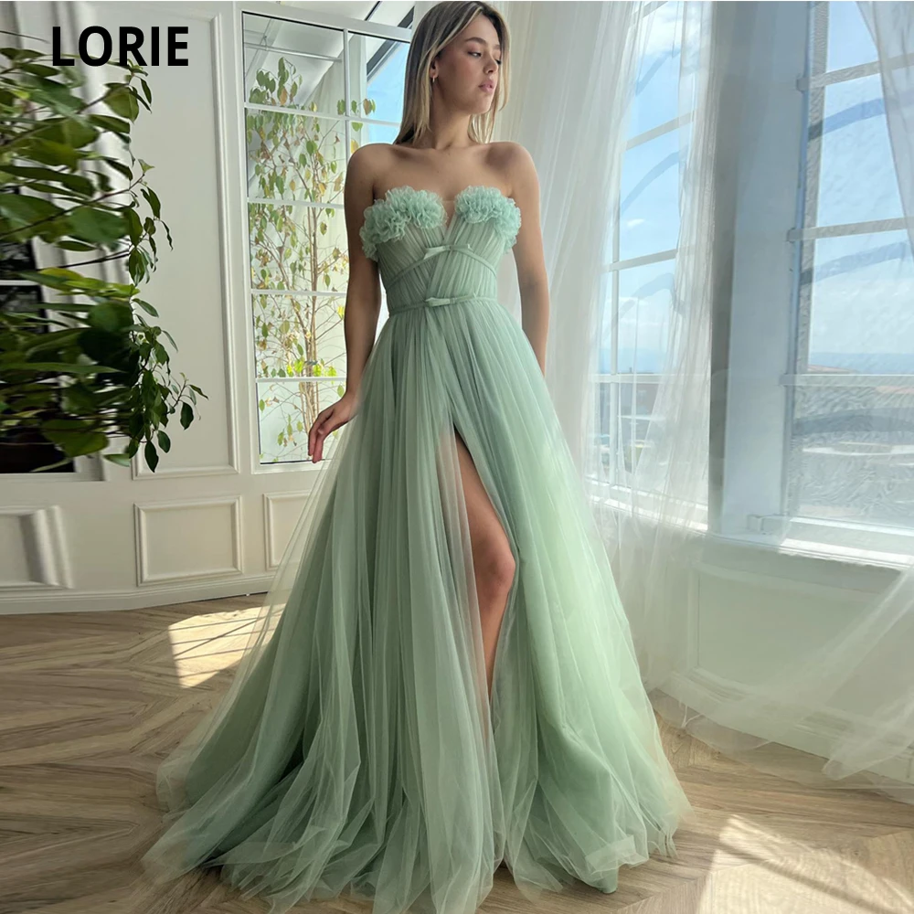 Lorie-Mint Tule Verde A linha Prom Dresses, Sexy Leg Slit, Long Evening Vestidos com cinto Cintos, Plissado, Ocasião Festa Formal